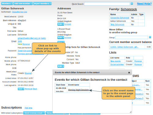 Events that someone is the Contact for - click to enlarge