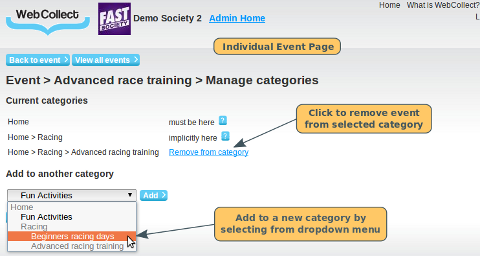 Assigning/removing events from an Individual Event Page - click to enlarge