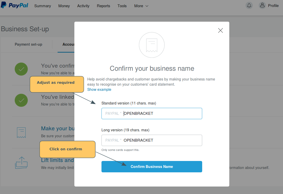 paypal set-up: making your business name clear